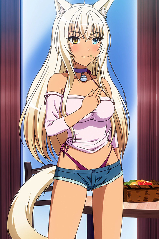 1girl animal_ear_fluff animal_ears aqua_eyes bangs bare_legs bare_shoulders bell bikini bikini_under_clothes blue_shorts blush breasts cat_ears cat_girl cat_tail closed_mouth coconut_(sayori) collarbone cutoffs denim denim_shorts disconnected_mouth eyebrows_visible_through_hair hand_up heterochromia highleg highleg_bikini jingle_bell long_hair long_sleeves lowleg lowleg_shorts micro_shorts narrow_waist nekopara off-shoulder_shirt off_shoulder platinum_blonde_hair screencap shirt shorts side-tie_shirt smile solo standing stitched swimsuit tail taut_clothes taut_shorts third-party_edit yellow_eyes