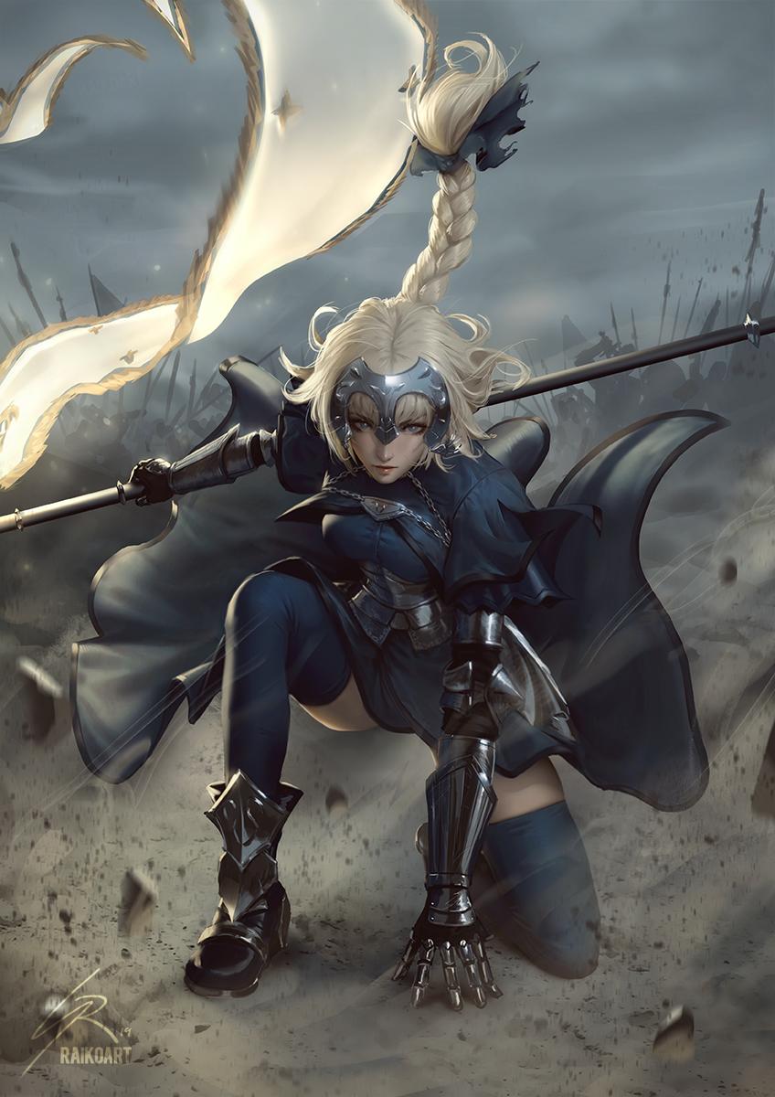 1girl armor armored_boots armored_dress artist_name battle blonde_hair blue_eyes blue_legwear boots braid clouds cloudy_sky commentary dress english_commentary fate/apocrypha fate_(series) faulds floating_hair floating_rock gauntlets headpiece highres jeanne_d'arc_(fate) jeanne_d'arc_(fate)_(all) kneeling long_braid long_hair looking_at_viewer one_knee plackart raikoart rock signature single_braid sky solo_focus standard_bearer thigh-highs