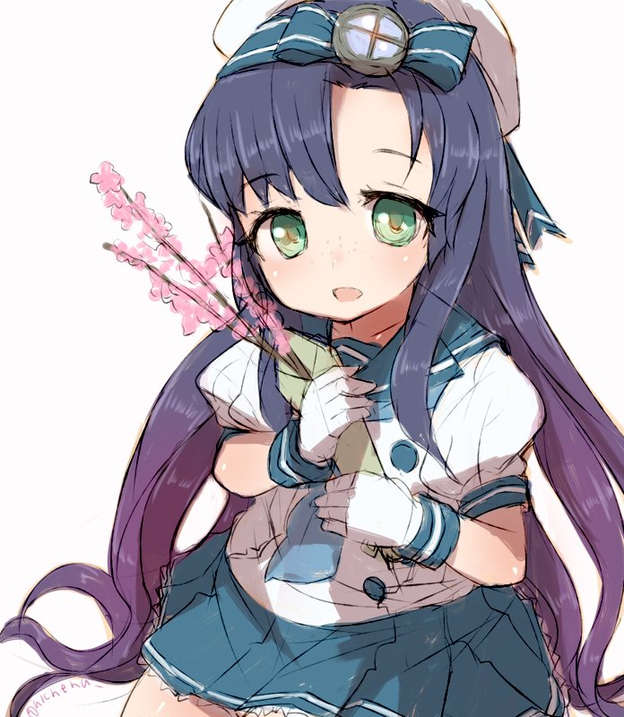 1girl alchera black_hair blue_neckwear blue_ribbon blue_skirt branch cherry_blossoms cowboy_shot gloves gradient_hair green_eyes kantai_collection long_hair looking_at_viewer matsuwa_(kantai_collection) multicolored_hair neckerchief pleated_skirt puffy_short_sleeves puffy_sleeves purple_hair ribbon school_uniform serafuku short_sleeves simple_background skirt solo tareme white_background white_gloves