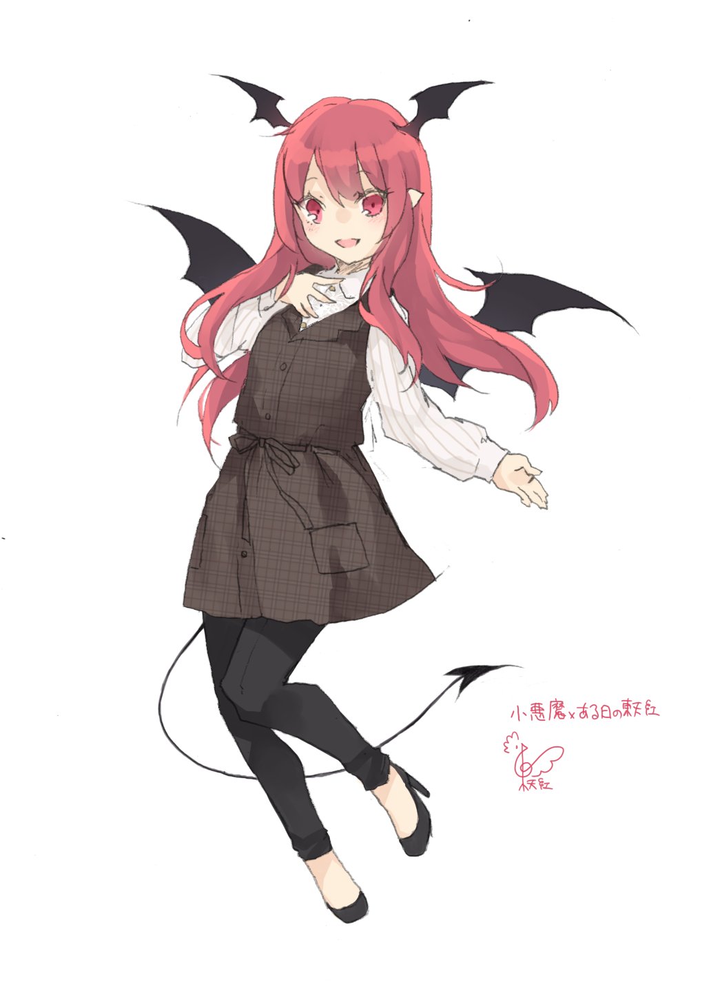 1girl :d adapted_costume bangs black_dress black_footwear black_pants black_sash blush commentary_request demon_tail demon_wings dress eyebrows_visible_through_hair full_body hand_on_own_chest head_wings high_heels highres koakuma long_hair long_sleeves looking_at_viewer open_mouth pants plaid plaid_dress pocket pointy_ears red_eyes redhead sash shirt signature smile solo tail touhou toutenkou translation_request unmoving_pattern white_shirt wings