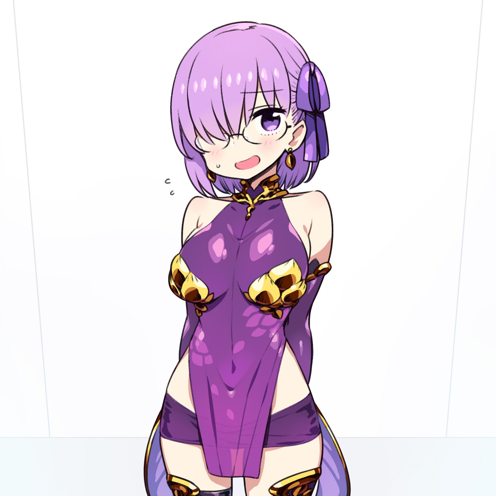 1girl :d arms_behind_back black_legwear breasts chan_co cosplay covered_navel cowboy_shot earrings elbow_gloves fate/grand_order fate_(series) flying_sweatdrops glasses gloves hair_over_one_eye hair_ribbon jewelry kama_(fate/grand_order) kama_(fate/grand_order)_(cosplay) large_breasts looking_at_viewer mash_kyrielight microskirt open_mouth pelvic_curtain purple_gloves purple_hair ribbon short_hair simple_background skirt smile solo thigh-highs violet_eyes