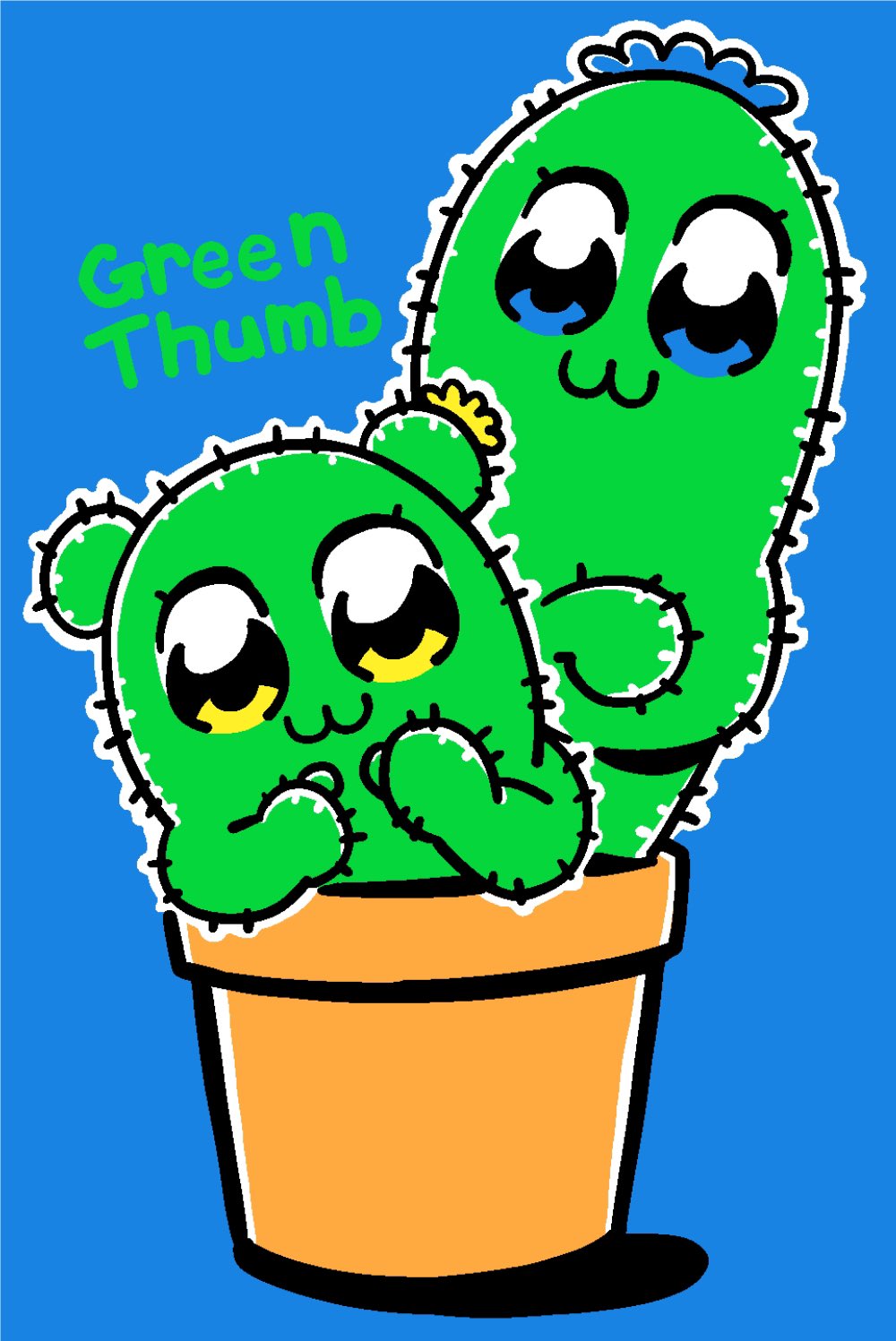 :3 bkub blue_background blue_eyes blue_flower cactus commentary crossed_arms english_text flower flower_pot highres objectification outline pipimi poptepipic popuko simple_background thumbs_up white_outline yellow_eyes yellow_flower