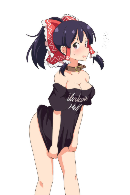 1girl bangs bare_legs bare_shoulders black_hair black_shirt blush bow breasts brown_collar brown_eyes cato_(monocatienus) cleavage clothes_writing collar collarbone commentary_request cosplay feet_out_of_frame flying_sweatdrops frilled_bow frills hair_bow hair_tubes hakurei_reimu hecatia_lapislazuli hecatia_lapislazuli_(cosplay) looking_at_viewer medium_breasts naked_shirt no_pants off-shoulder_shirt off_shoulder ponytail red_bow shirt shirt_tug short_hair short_sleeves sidelocks simple_background solo standing sweat t-shirt thighs touhou v-shaped_eyebrows white_background