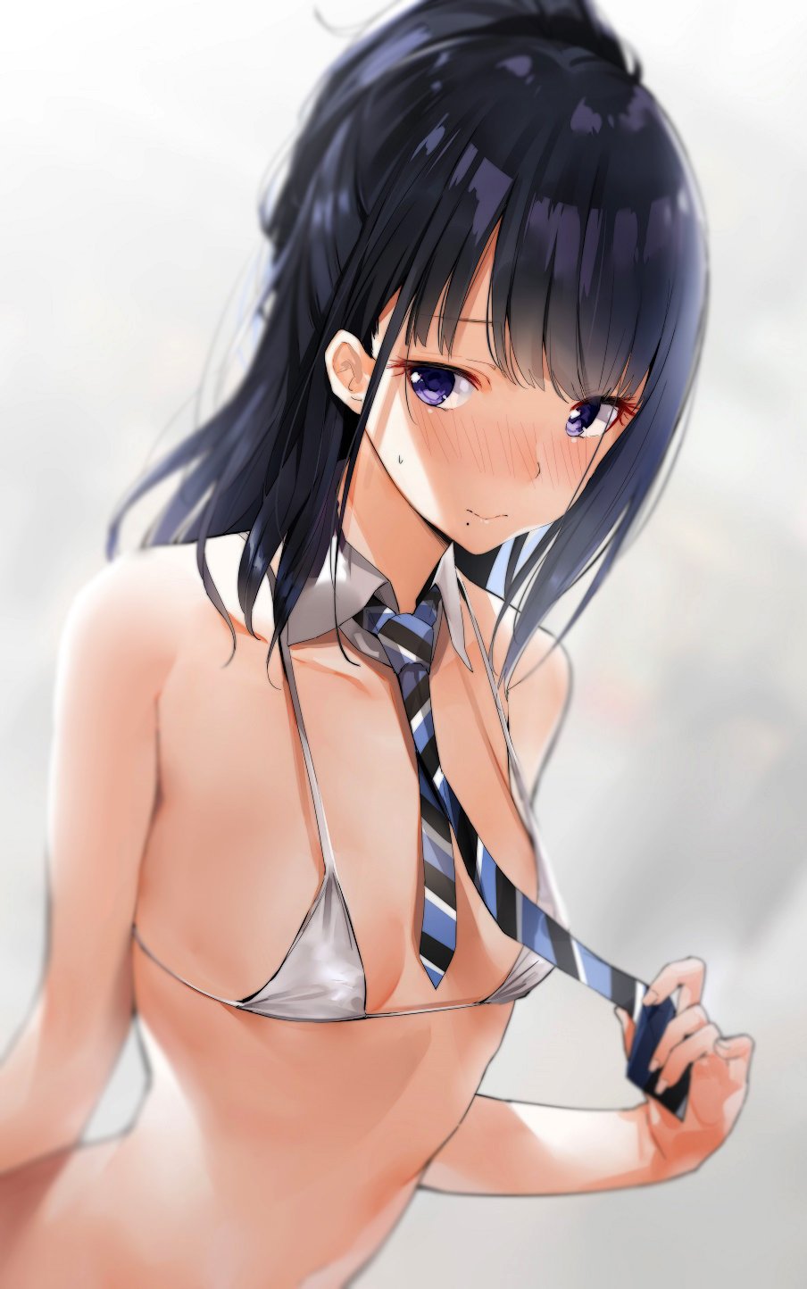 1girl bangs bare_shoulders bikini bikini_top black_hair blue_neckwear blurry blush breasts commentary_request copyright_request depth_of_field detached_collar dutch_angle grey_background highres jewelry long_hair looking_at_viewer mole mole_under_mouth necklace nose_blush orihi_chihiro simple_background small_breasts solo strap_gap striped striped_neckwear sweat swimsuit upper_body violet_eyes white_bikini