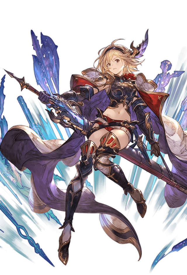 1girl armor bangs belt blonde_hair blush breastplate breasts brown_eyes cleavage cleavage_cutout cloak djeeta_(granblue_fantasy) djeeta_(granblue_fantasy)_(conqueror_of_the_eternals) earrings elbow_gloves floating_hair full_body gauntlets gloves glowing granblue_fantasy greatsword greaves groin hair_ornament head_tilt high_heels jewelry leg_up looking_at_viewer medium_breasts minaba_hideo multiple_belts navel official_art red_shorts running sapphire_(gemstone) sheath short_hair short_shorts shorts shoulder_armor solo stomach sword transparent_background weapon white_cloak wind wind_lift
