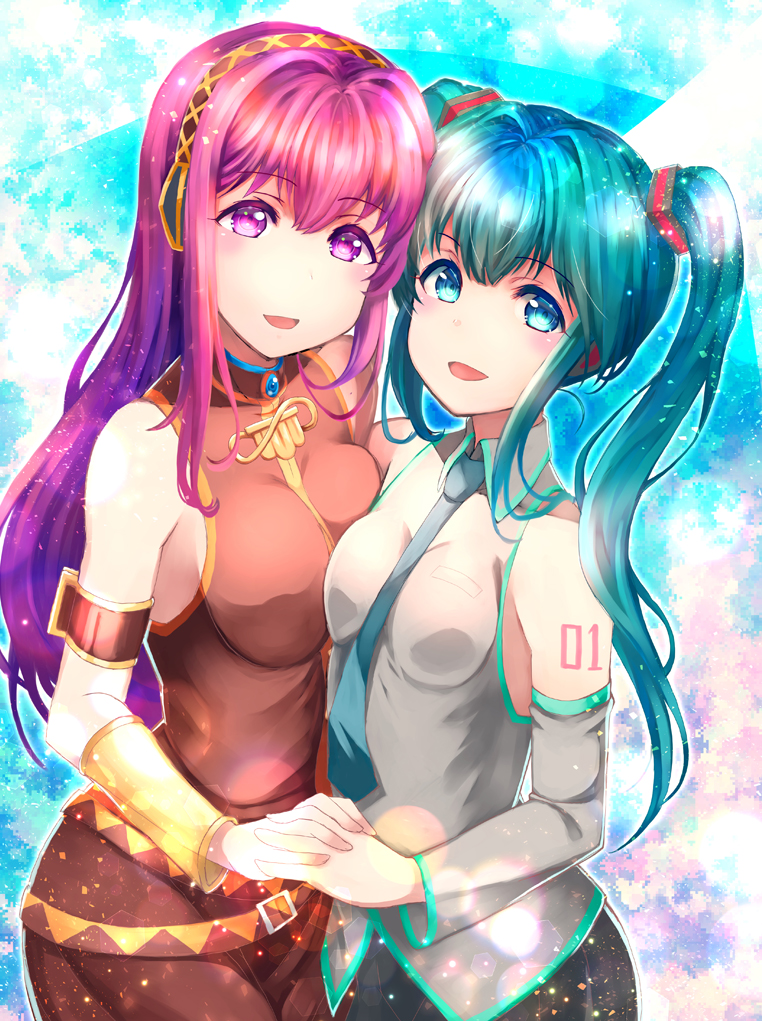 2girls :d arm_strap asymmetrical_docking belt black_hairband black_skirt blue_eyes blue_hair blue_neckwear breast_press breasts brown_shirt collared_shirt detached_sleeves eyebrows_visible_through_hair grey_shirt grey_sleeves hairband hand_holding hatsune_miku interlocked_fingers lens_flare long_hair long_sleeves looking_at_viewer medium_breasts megurine_luka multiple_girls necktie open_mouth pink_eyes pink_hair shiny shiny_hair shirt skirt sleeveless sleeveless_shirt small_breasts smile standing twintails very_long_hair vesper_(pixiv3568) vocaloid wing_collar yellow_sleeves yuri