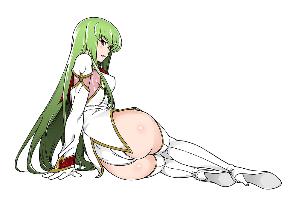 1girl arm_support ass bangs body_blush boots breasts c.c. code_geass detached_sleeves eyebrows_visible_through_hair fukudahda gloves green_hair high_heels leotard leotard_under_clothes long_hair long_sleeves looking_back medium_breasts parted_lips shiny shiny_hair sideboob simple_background solo thigh-highs thigh_boots white_background white_gloves white_leotard yellow_eyes