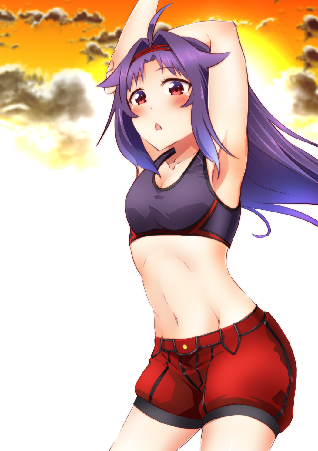 1girl ahoge alternate_costume armpits arms_up ayukan. blush breasts cleavage cowboy_shot groin highres long_hair navel open_mouth purple_hair red_eyes shorts small_breasts solo sports_bra stretch sword_art_online yuuki_(sao)