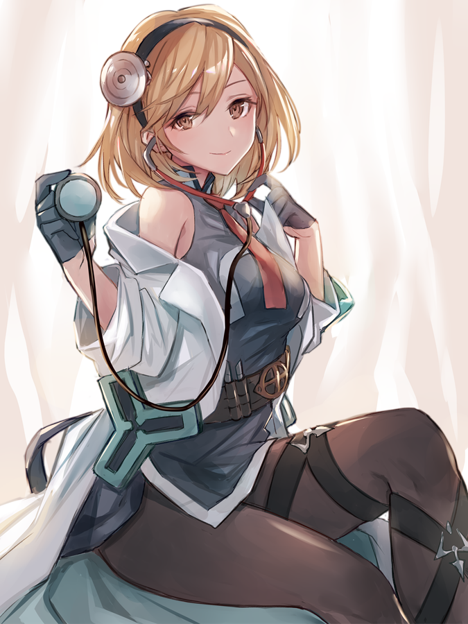 1girl black_gloves black_legwear blonde_hair blush breasts brown_eyes collared_dress djeeta_(granblue_fantasy) dress gloves granblue_fantasy hair_between_eyes hairband half_gloves holding_stethoscope labcoat leg_strap looking_at_viewer medium_breasts necktie pantyhose red_neckwear short_hair sidelocks sitting sleeveless sleeveless_dress smile solo stethoscope yuzuki_karu