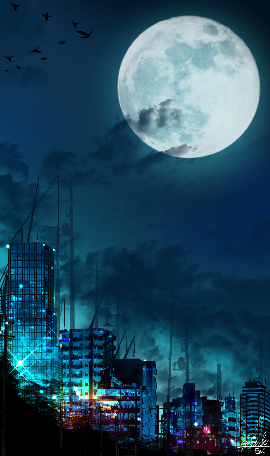 amatsuki_rei artist_name building fantasy highres moon night night_sky no_humans original scenery signature sky skyscraper