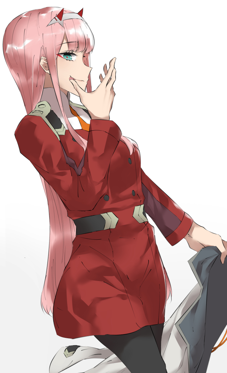 1girl bangs black_legwear breasts commentary darling_in_the_franxx eyebrows_visible_through_hair green_eyes hairband highres holding holding_jacket horns jacket kaz_(kaazzz0416) licking long_hair looking_at_viewer medium_breasts military military_uniform oni_horns pantyhose pink_hair red_horns simple_background smile solo thumb_to_mouth tongue tongue_out uniform white_background zero_two_(darling_in_the_franxx)