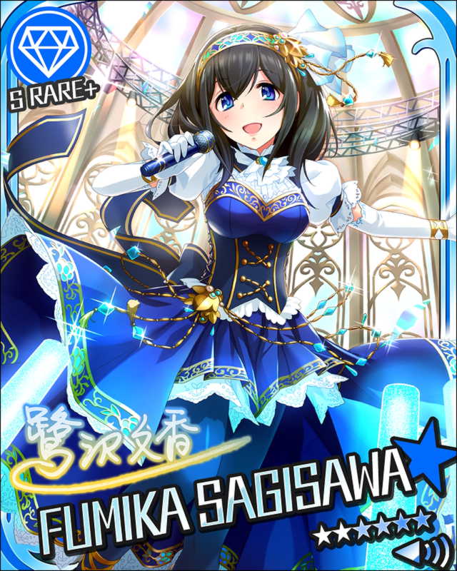 black_hair blue_eyes blush character_name dress idolmaster idolmaster_cinderella_girls long_hair sagisawa_fumika smile stars