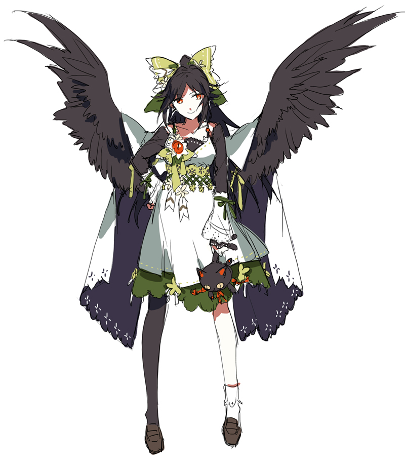 bangs belt bird_wings black_hair black_legwear black_sleeves black_wings bow brown_footwear cape collarbone doll dress eyebrows_visible_through_hair feathered_wings flower girdle green_bow green_ribbon green_skirt hair_bow hair_flower hair_ornament hand_on_hip holding holding_doll long_hair long_sleeves low_neckline mismatched_legwear ponytail red_eyes reiuji_utsuho ribbon skirt smile standing starshadowmagician thigh-highs third_eye touhou white_background white_cape white_dress white_legwear wings