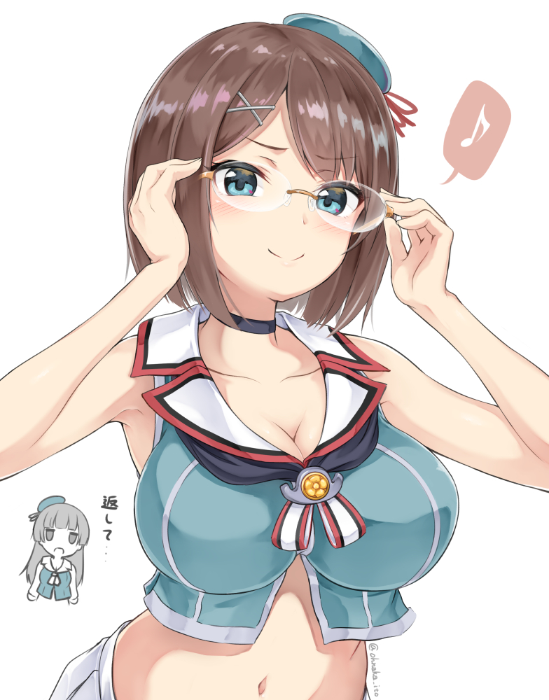 2girls beret black_hair blue_eyes blush breasts brown_hair choukai_(kantai_collection) closed_mouth glasses hair_ornament hairclip hat hat_ribbon kantai_collection large_breasts long_hair maya_(kantai_collection) mini_hat multiple_girls oonaka_ito red_ribbon remodel_(kantai_collection) ribbon rimless_eyewear school_uniform serafuku short_hair simple_background white_background x_hair_ornament