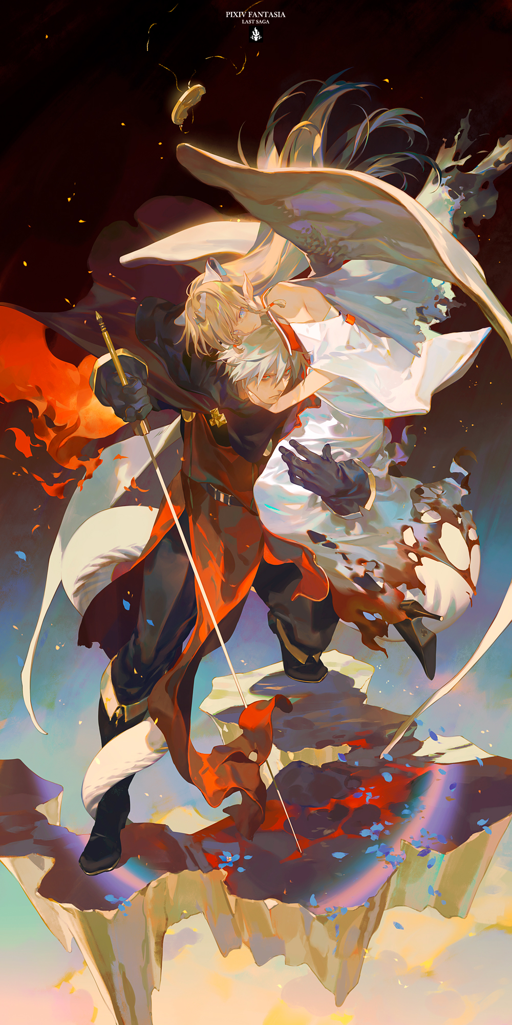 1boy 1girl belt black_footwear black_gloves blonde_hair blue_eyes braid cape carrying copyright_name detached_sleeves dress ezel_the_king_of_fire_and_iron falia_the_queen_of_the_mountains floating_rock gloves high_heels highres holding holding_sword holding_weapon long_hair outdoors pixiv_fantasia pixiv_fantasia_last_saga pointy_ears red_eyes rei_(sanbonzakura) standing sword twin_braids very_long_hair weapon white_dress white_hair wings