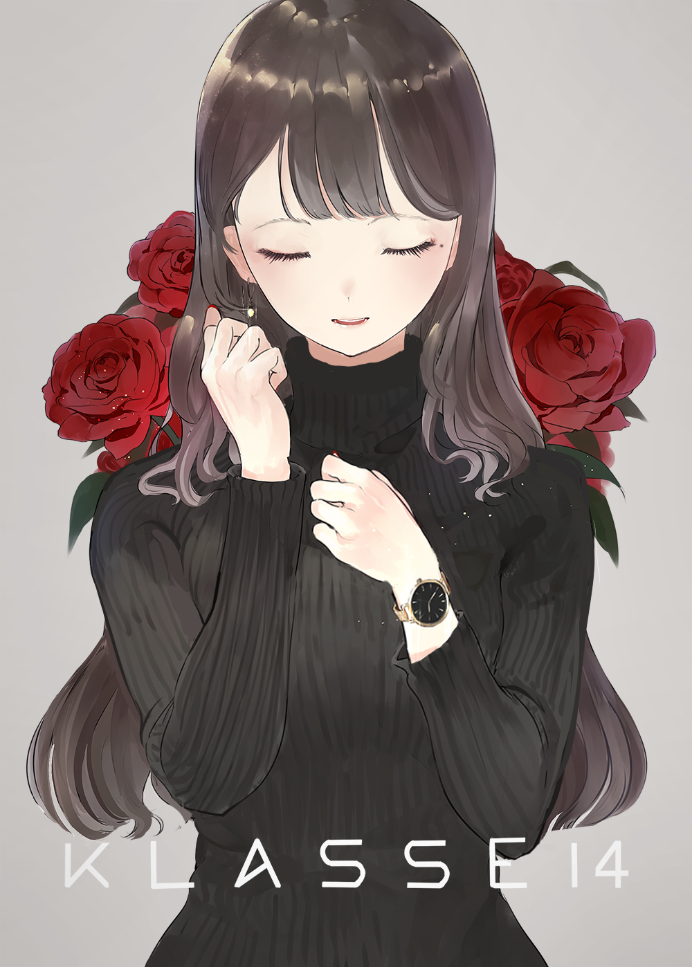 1girl bangs black_sweater brown_hair closed_eyes commentary earrings english_commentary facing_viewer flower grey_background hands_up highres jewelry klasse14 long_hair long_sleeves original parted_lips red_flower red_rose ribbed_sweater rose shii_(kairi-t-k0317) simple_background solo sweater turtleneck turtleneck_sweater upper_body watch watch