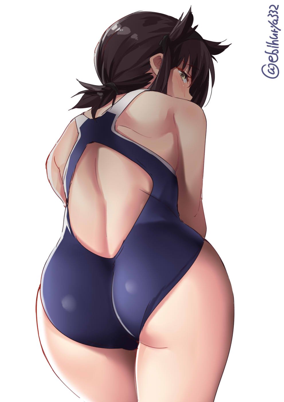 1girl ass back_cutout bangs bare_shoulders blush brown_hair ebifurya hair_flaps hairband hatsuzuki_(kantai_collection) highres kantai_collection leaning_forward looking_back one-piece_swimsuit short_hair short_ponytail shoulder_blades sidelocks simple_background solo swimsuit twitter_username white_background