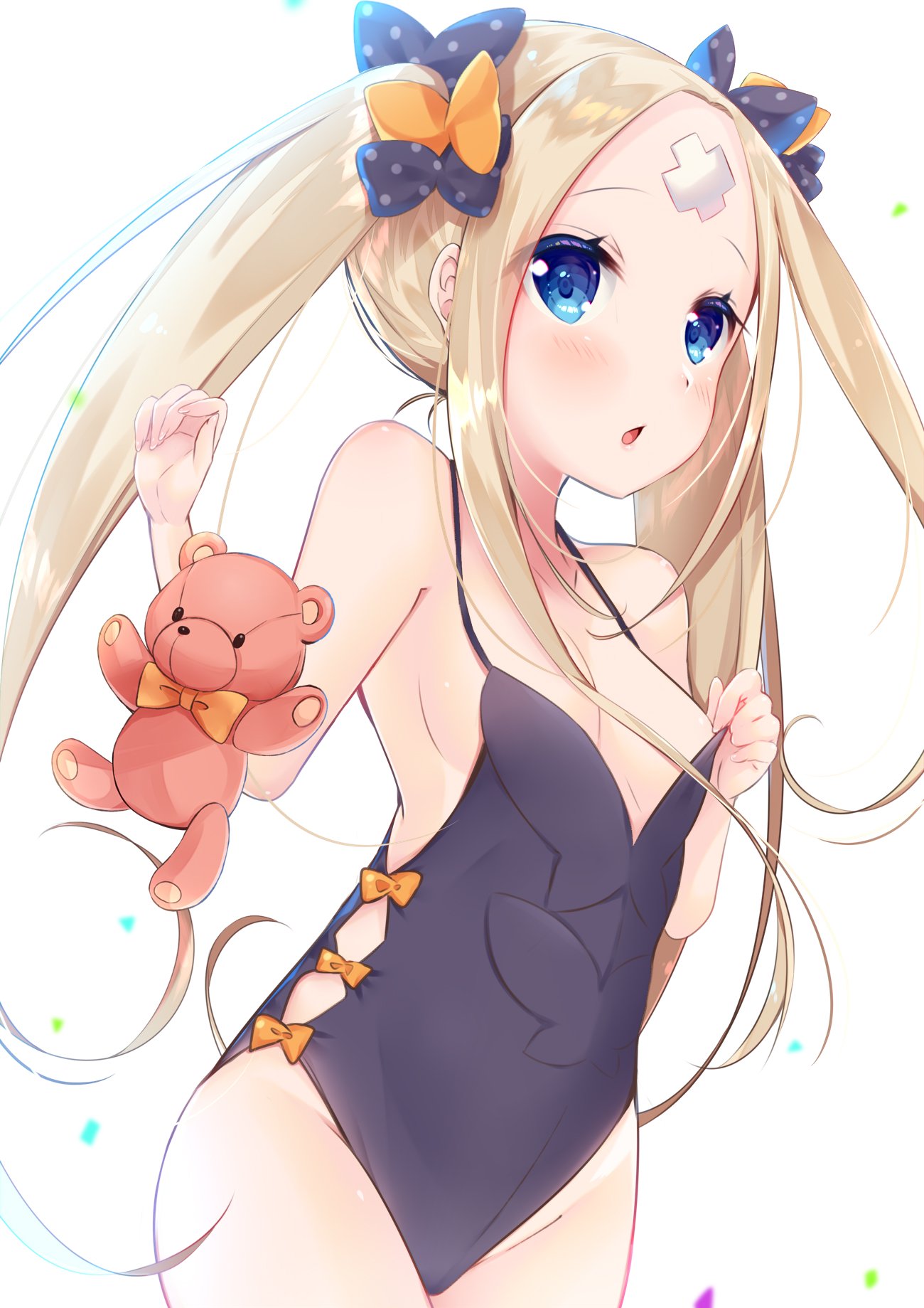 1girl abigail_williams_(fate/grand_order) alternate_costume bangs bare_shoulders black_bow blonde_hair blue_eyes blush bow bowtie breasts collarbone commentary_request cowboy_shot crossed_bandaids eyebrows_visible_through_hair fate/grand_order fate_(series) forehead hair_between_eyes hair_ornament highleg highleg_leotard highres ko_yu leotard leotard_pull long_hair looking_at_viewer open_mouth orange_bow parted_bangs polka_dot polka_dot_bow small_breasts solo standing stuffed_animal stuffed_toy teddy_bear twintails very_long_hair