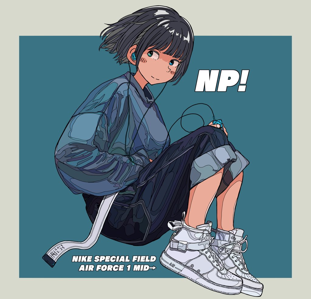 1girl aqua_background bangs belt black_hair black_pants blue_eyes blush border dated earphones earphones english_text harusameriburo knees_up long_sleeves original pants shoes short_hair smile solo white_border white_footwear