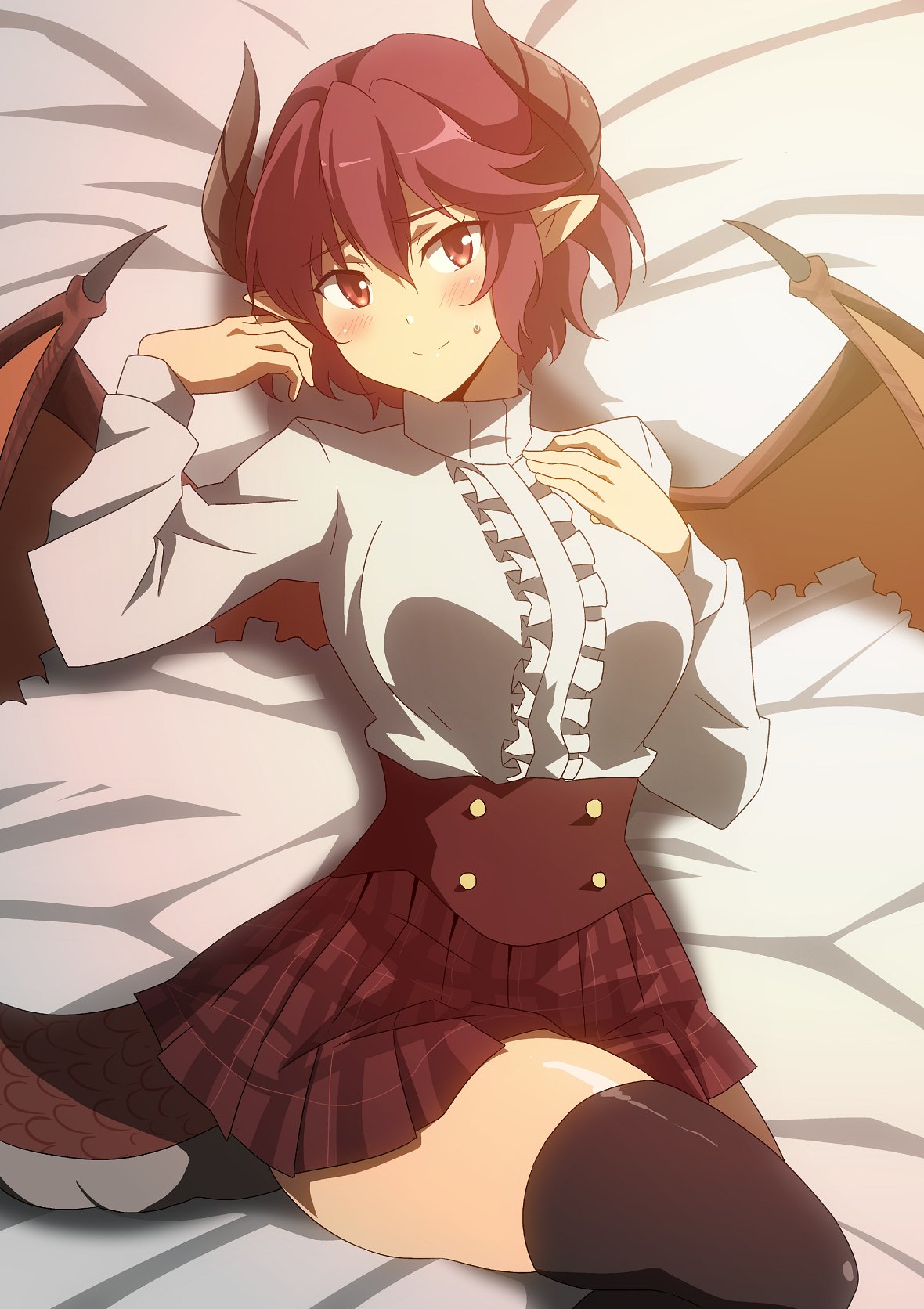 1girl bangs bed_sheet black_legwear blouse blush closed_mouth collared_shirt dragon_girl dragon_horns dragon_tail dragon_wings eyebrows_visible_through_hair grea_(shingeki_no_bahamut) hand_on_own_chest hera_(hara0742) highres horns knee_up long_sleeves looking_at_viewer lying on_back on_bed plaid plaid_skirt pleated_skirt pointy_ears red_eyes red_skirt red_wings redhead shirt short_hair skirt smile solo sweatdrop tail thighs white_shirt wings