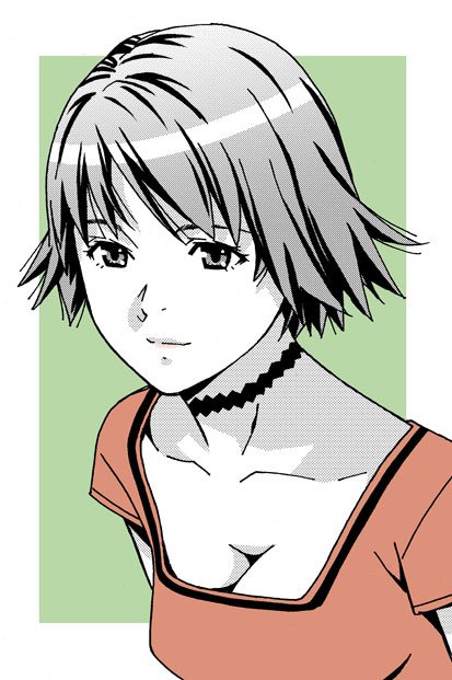 1girl amano_yoki breasts choker cleavage collarbone greyscale medium_breasts monochrome original short_hair smile solo spot_color upper_body