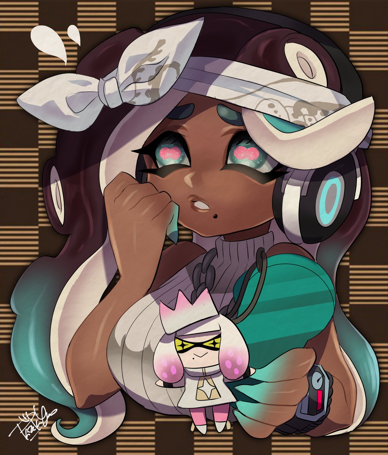 1girl bandanna bare_shoulders black_hair blue_eyes blue_hair breasts cellphone character_doll dark_skin furrowed_eyebrows gradient_hair hand_up headphones highres hime_(splatoon) holding holding_phone horizontal_pupils iida_(splatoon) isamu-ki_(yuuki) large_breasts long_hair mole mole_under_mouth multicolored multicolored_hair multicolored_skin octarian parted_lips phone pink_pupils signature sleeveless smartphone solo splatoon splatoon_(series) splatoon_2 splatoon_2:_octo_expansion suction_cups tentacle_hair two-tone_hair two-tone_skin upper_body