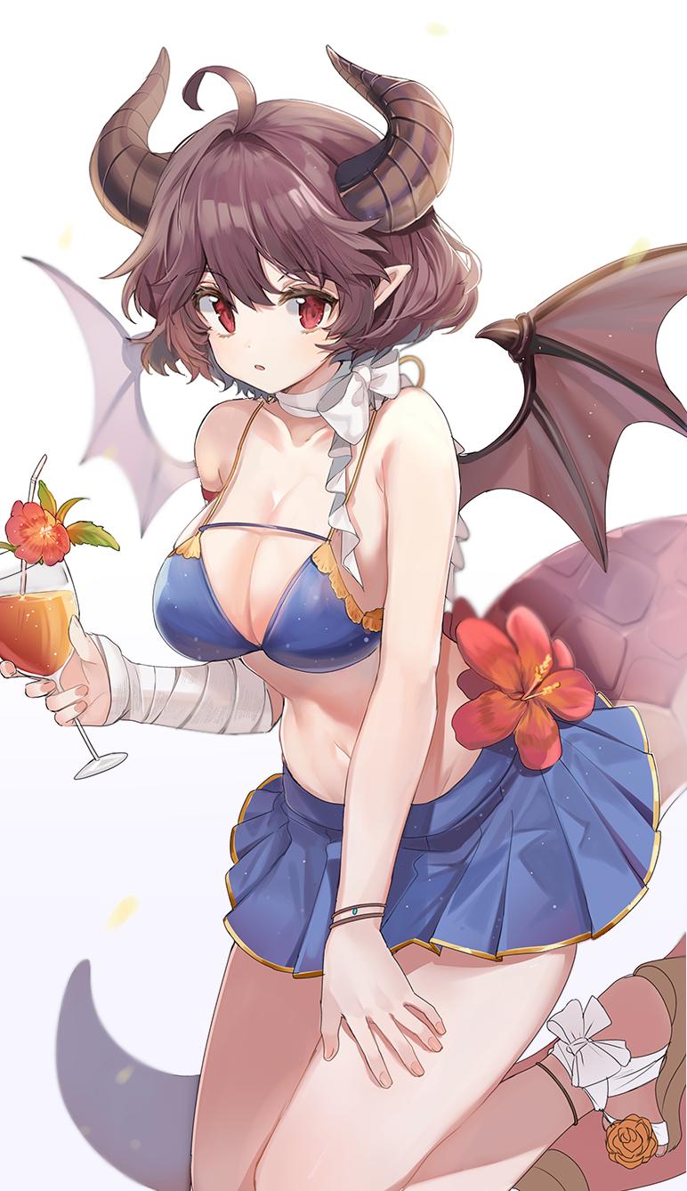 1girl ahoge bandage bandaged_arm bandages bare_arms bare_shoulders blue_bikini_top blue_skirt breasts brown_hair choker cleavage cocktail_glass collarbone cup dragon_girl dragon_horns dragon_tail dragon_wings drinking_glass drinking_straw flower grea_(shingeki_no_bahamut) groin hibiscus highres holding holding_cup horns large_breasts leg_up mid_(gameshe) miniskirt navel parted_lips pleated_skirt pointy_ears red_eyes red_flower ribbon ribbon_choker sandals shingeki_no_bahamut short_hair sidelocks skirt solo stomach tail thighs tropical_drink white_background white_ribbon wings