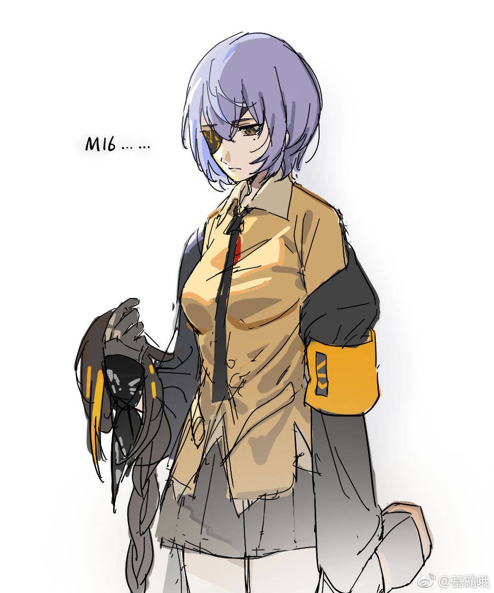 1girl armband artist_request cosplay english_text eyepatch girls_frontline gloves highres jacket korean_commentary m16a1_(girls_frontline) m16a1_(girls_frontline)_(cosplay) mole mole_under_eye necktie purple_hair sad short_hair skirt solo thompson_submachine_gun_(girls_frontline) wig