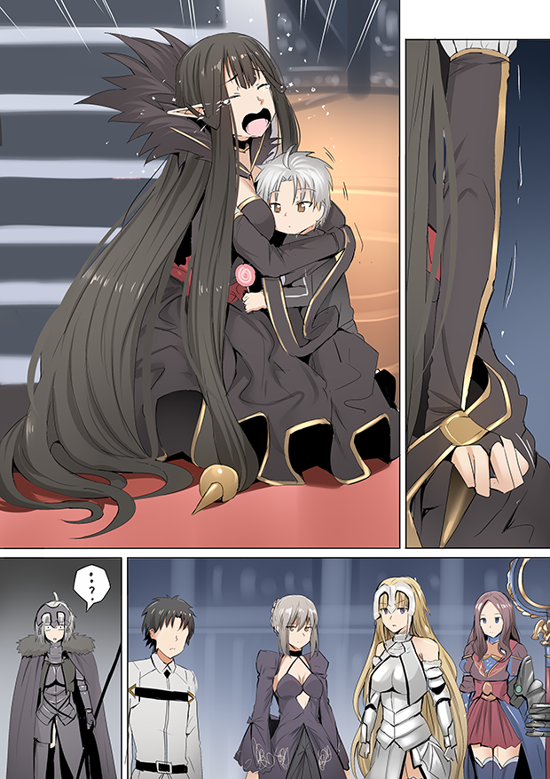 2boys 5girls ? ahoge armor artoria_pendragon_(all) blonde_hair breasts brown_hair candy cleavage comic crying faceless faceless_male fate/grand_order fate_(series) father_and_son food fujimaru_ritsuka_(male) fur_trim ginhaha grey_hair hug jeanne_d'arc_(alter)_(fate) jeanne_d'arc_(fate) jeanne_d'arc_(fate)_(all) leonardo_da_vinci_(fate/grand_order) lollipop long_hair mother_and_son multiple_boys multiple_girls open_mouth pointy_ears pole saber_alter semiramis_(fate) short_hair silent_comic spoken_question_mark staff tears trembling very_long_hair