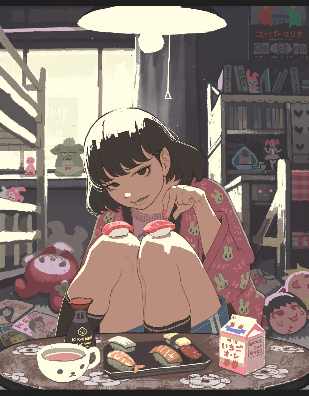 1girl bangs bed black_eyes black_hair black_legwear bunk_bed catcar0983 character_name cup food furby hakurei_reimu heart highres kaname_madoka kikkoman knees_up light long_sleeves looking_at_viewer mahou_shoujo_madoka_magica messy_room milk_carton my_melody nail_polish nigirizushi onegai_my_melody original parted_lips pink_nails pink_shirt shirt short_hair shorts sitting socks solo soy_sauce sushi touhou window yukkuri_shiteitte_ne