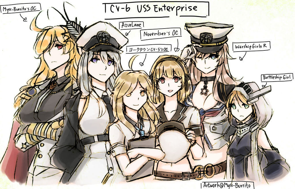 6+girls ahoge azur_lane battleship_girl blonde_hair blue_eyes breasts choker cleavage clipboard collarbone commentary crossed_arms english_commentary enterprise_(azur_lane) enterprise_(battleship_girl) enterprise_(pacific) enterprise_(warship_girls_r) flat_chest green_eyes hair_over_one_eye hat height_difference holding holding_hat hood large_breasts looking_at_viewer midriff multiple_girls myss-burrito namesake one_eye_closed original pacific peaked_cap red_eyes small_breasts smile upper_body uss_enterprise_(cv-6) violet_eyes white_hair