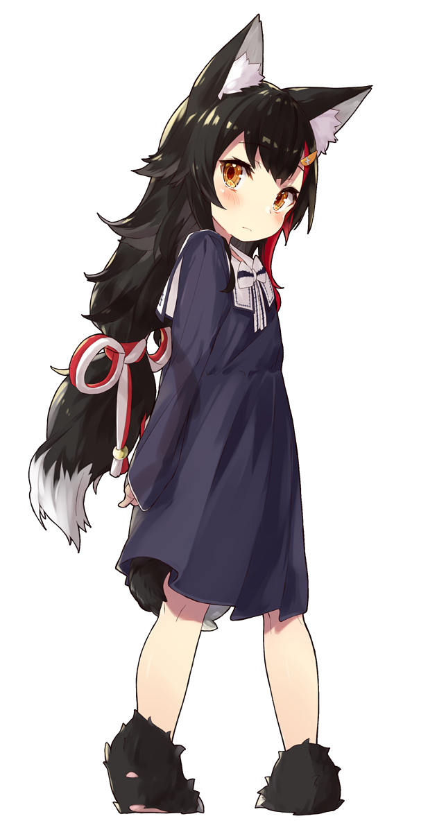1girl animal_ears black_dress black_hair dress expressionless full_body highres hololive long_hair long_sleeves multicolored_hair nuko_miruku ookami_mio orange_eyes paw_shoes redhead rope shoes simple_background streaked_hair tail tied_hair virtual_youtuber white_background white_hair wolf_ears wolf_tail