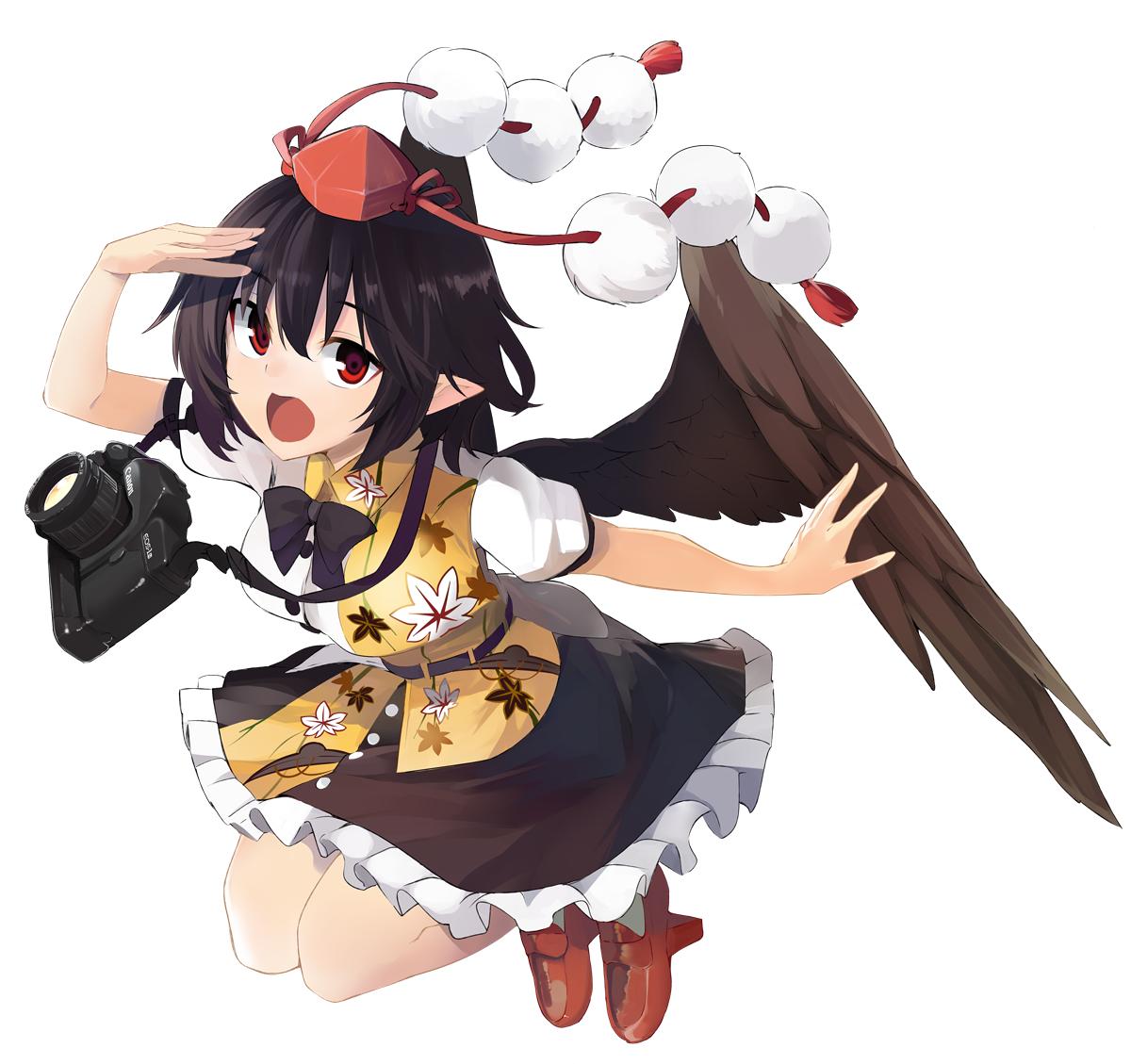 1girl arm_up bangs belt black_belt black_bow black_hair black_neckwear black_skirt black_wings bow bowtie breasts camera commentary_request eyebrows_visible_through_hair feathered_wings full_body geta hair_between_eyes hat kamukamu_(ars) leaf_print looking_at_viewer medium_breasts open_mouth petticoat pointy_ears pom_pom_(clothes) puffy_short_sleeves puffy_sleeves red_eyes red_footwear shameimaru_aya shirt short_hair short_sleeves simple_background skirt solo tassel tengu-geta tokin_hat touhou white_background white_shirt wings