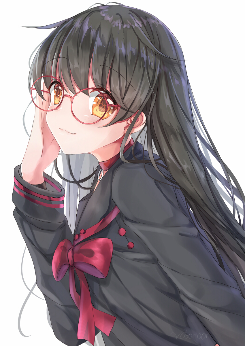 1girl :3 artist_name black_hair black_sailor_collar black_shirt choker closed_mouth from_side glasses hand_up highres long_hair long_sleeves looking_at_viewer looking_to_the_side neck_ribbon orange_eyes original red-framed_eyewear red_choker red_neckwear ribbon round_eyewear sailor_collar school_uniform serafuku shirt sidelocks simple_background smile solo symbol-shaped_pupils upper_body vebonbon white_background wristband