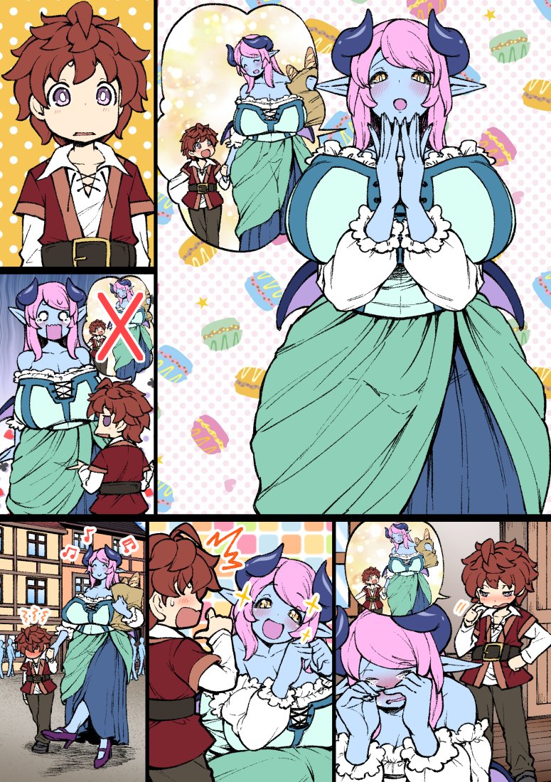 1boy 1girl age_difference amano_jack_(paradise_jack) belt_buckle black_sclera blue_skin blush bread breasts buckle comic demon_girl fantasy food hand_holding horns imagining large_breasts macaron monster_girl original pants pink_hair pointy_ears redhead shirt short_hair size_difference tears translation_request