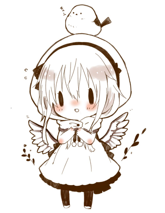 1girl :d animal animal_on_head bangs beret bird bird_on_head blush chibi dress feathered_wings full_body hair_between_eyes hat long_hair monochrome on_head open_mouth original pantyhose shoes simple_background sleeveless sleeveless_dress smile solid_oval_eyes solo standing translation_request white_background wings yuzuyomogi