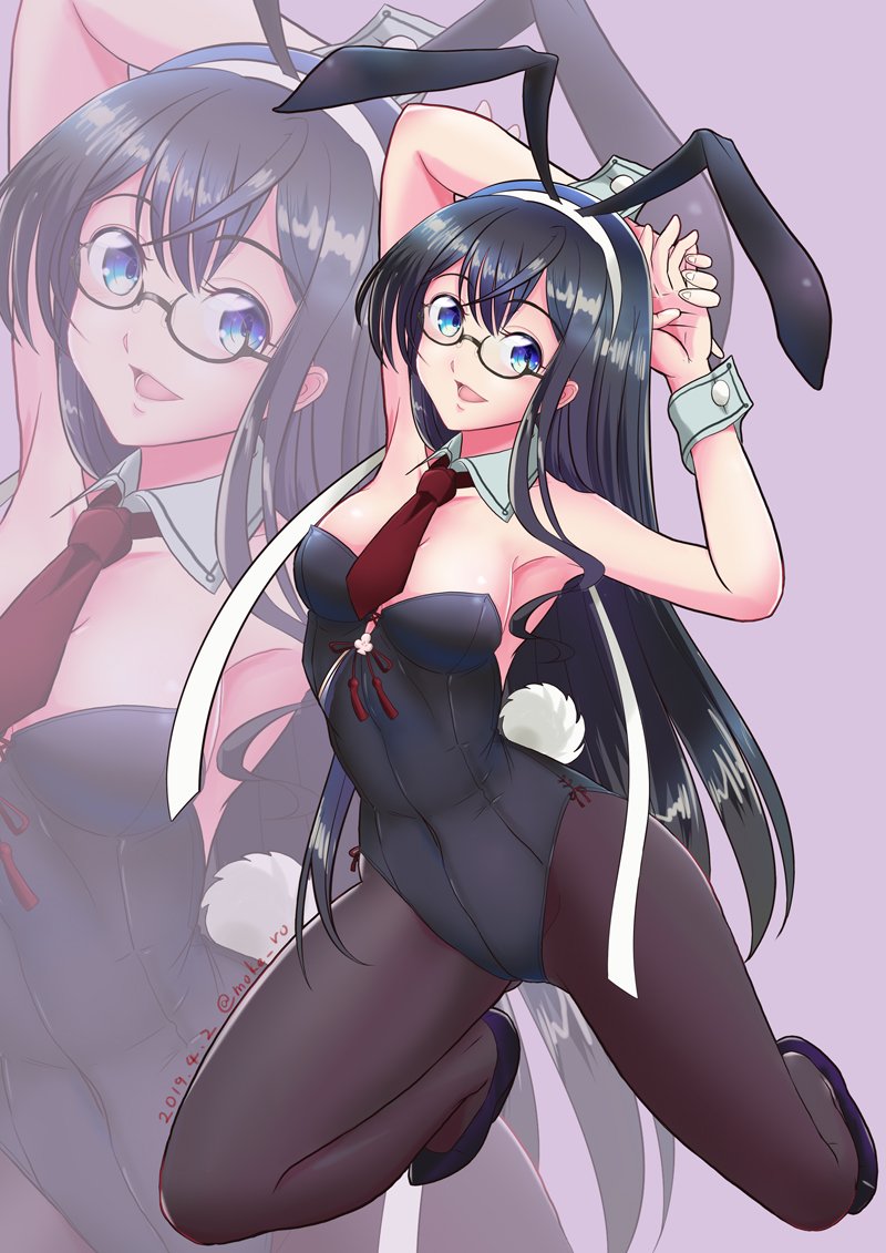 1girl animal_ears arms_behind_head arms_up black_hair black_legwear black_leotard blue_eyes breasts bunny_tail bunnysuit commentary_request detached_collar full_body hairband kantai_collection kneeling leotard long_hair mokerou necktie ooyodo_(kantai_collection) pantyhose rabbit_ears red_neckwear semi-rimless_eyewear small_breasts solo strapless strapless_leotard tail under-rim_eyewear white_hairband wrist_cuffs zoom_layer