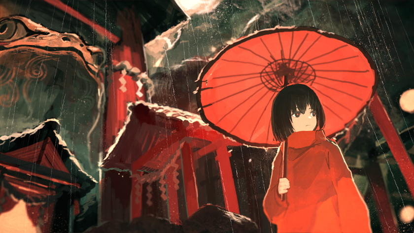 1girl bangs black_hair commentary_request expressionless frog from_below holding holding_umbrella kitsune_(kazenouta) long_sleeves oriental_umbrella original outdoors rain red_sweater red_umbrella short_hair solo sweater umbrella upper_body wide_shot