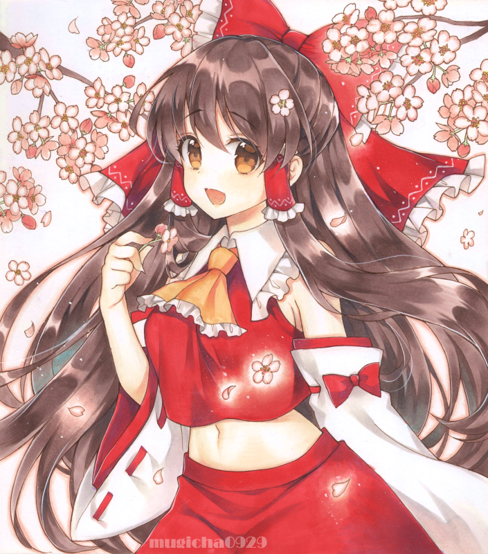 1girl :d artist_name ascot bare_shoulders bow breasts brown_eyes brown_hair cherry_blossoms cowboy_shot crop_top crop_top_overhang detached_sleeves flower frilled_bow frilled_shirt_collar frills hair_bow hair_flower hair_ornament hair_tubes hakurei_reimu half_updo hand_up holding holding_flower long_hair long_sleeves looking_at_viewer medium_breasts midriff mugicha_(mugicha0929) navel open_mouth orange_neckwear red_bow red_shirt red_skirt shirt sidelocks skirt skirt_set smile solo standing touhou traditional_media tree_branch wide_sleeves