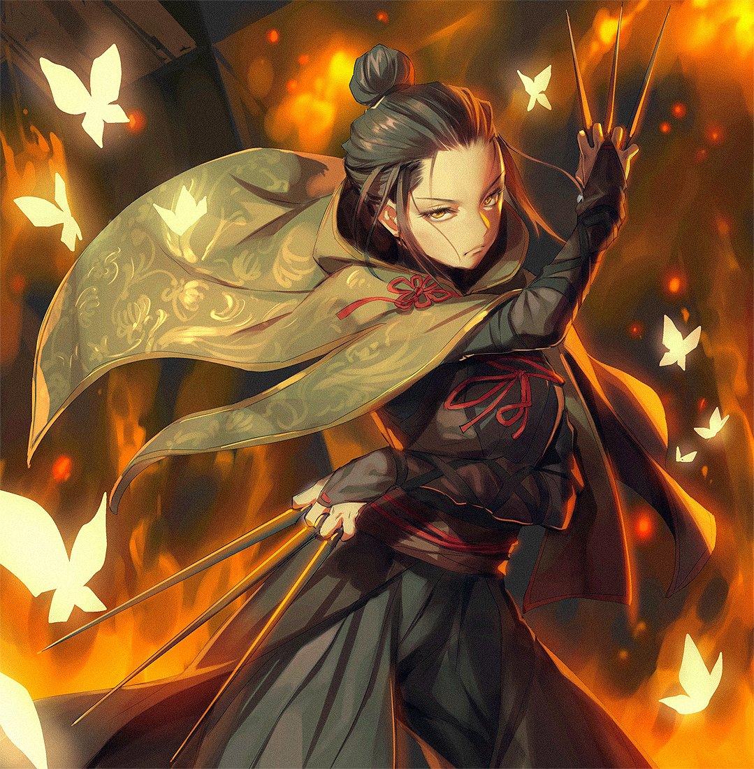 1girl black_hair bridal_gauntlets brown_eyes bug butterfly cloak dual_wielding embers fighting_stance fire glowing hair_bun hair_slicked_back holding insect japanese_clothes kunai lady_butterfly looking_at_viewer mhk_(mechamania) ribbon sekiro:_shadows_die_twice serious solo v-shaped_eyebrows weapon younger