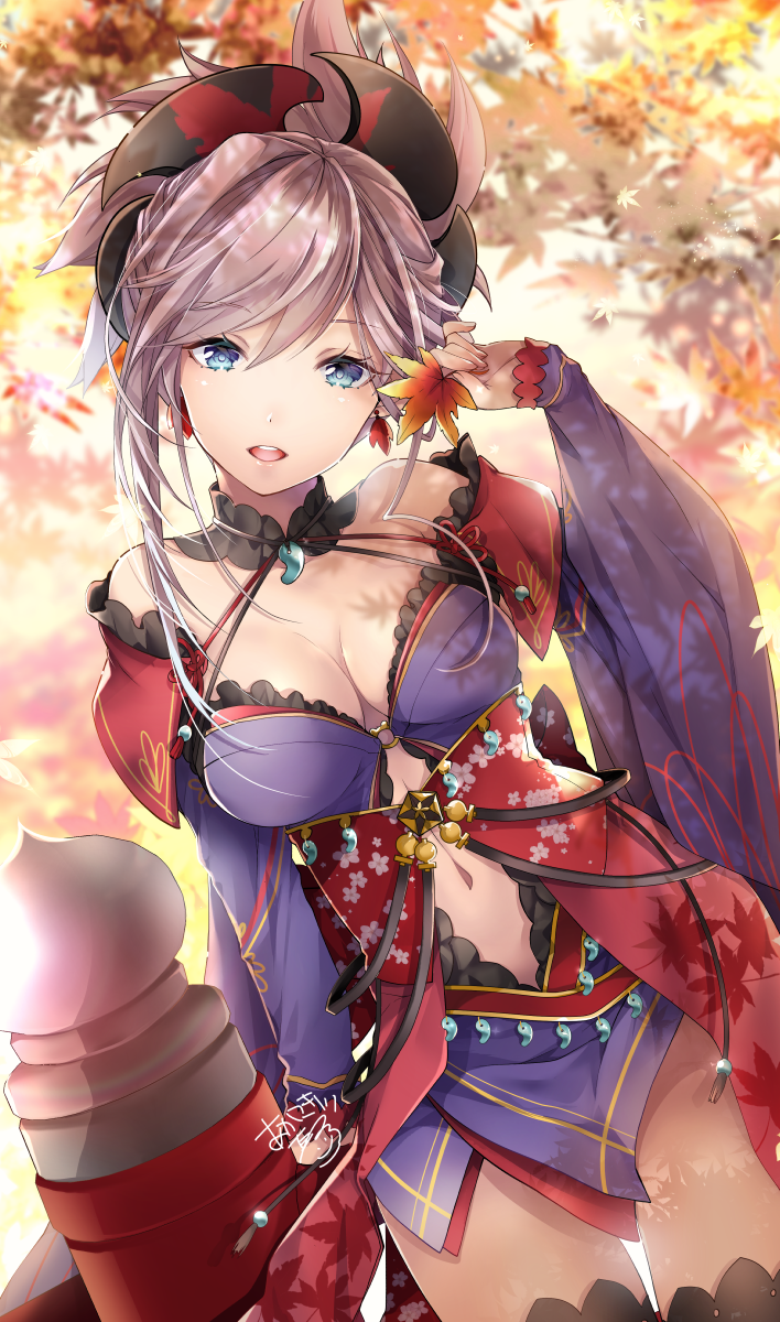 1girl akatsuki_hijiri black_legwear blue_eyes blue_kimono blush breasts cleavage commentary_request cowboy_shot day detached_sleeves earrings fate/grand_order fate_(series) hair_ornament highres holding holding_leaf japanese_clothes jewelry kimono large_breasts leaf leaf_print long_hair looking_at_viewer magatama maple_leaf_print miyamoto_musashi_(fate/grand_order) navel_cutout obi open_mouth outdoors pink_hair ponytail sash signature sleeveless sleeveless_kimono smile solo thigh-highs wide_sleeves