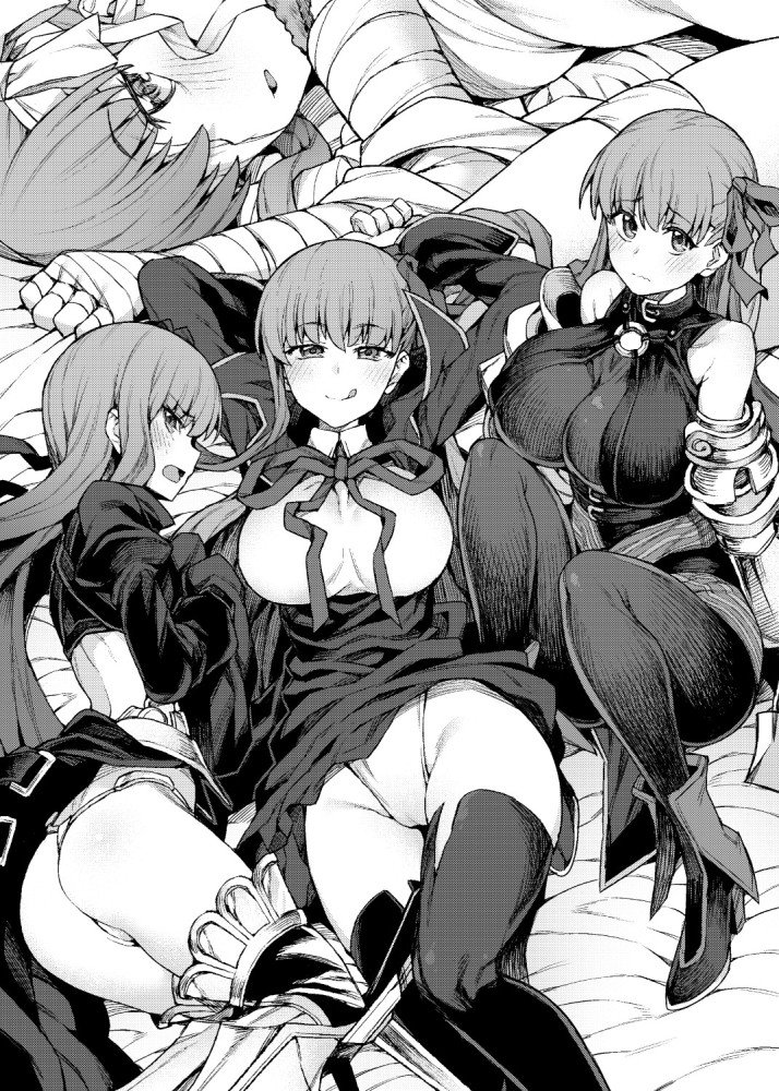 4girls bandage bb_(fate)_(all) bb_(fate/extra_ccc) bed_sheet blush eyebrows_visible_through_hair fate/extra fate/grand_order fate_(series) frown giantess jp06 kingprotea licking_lips long_hair lying meltlilith moss multiple_girls on_back passion_lip ribbon sitting tongue tongue_out very_long_hair