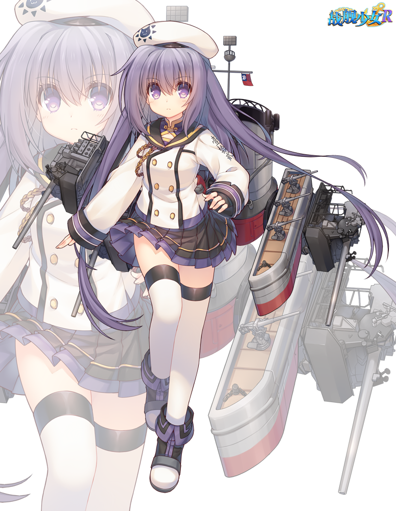 1girl beret black_skirt cannon double-breasted full_body hat jacket jiang-ge long_hair long_sleeves machinery miniskirt pleated_skirt purple_hair skirt smokestack standing tan_yang_(warship_girls_r) thigh-highs violet_eyes warship_girls_r white_headwear white_jacket white_legwear yukikaze_(warship_girls_r)