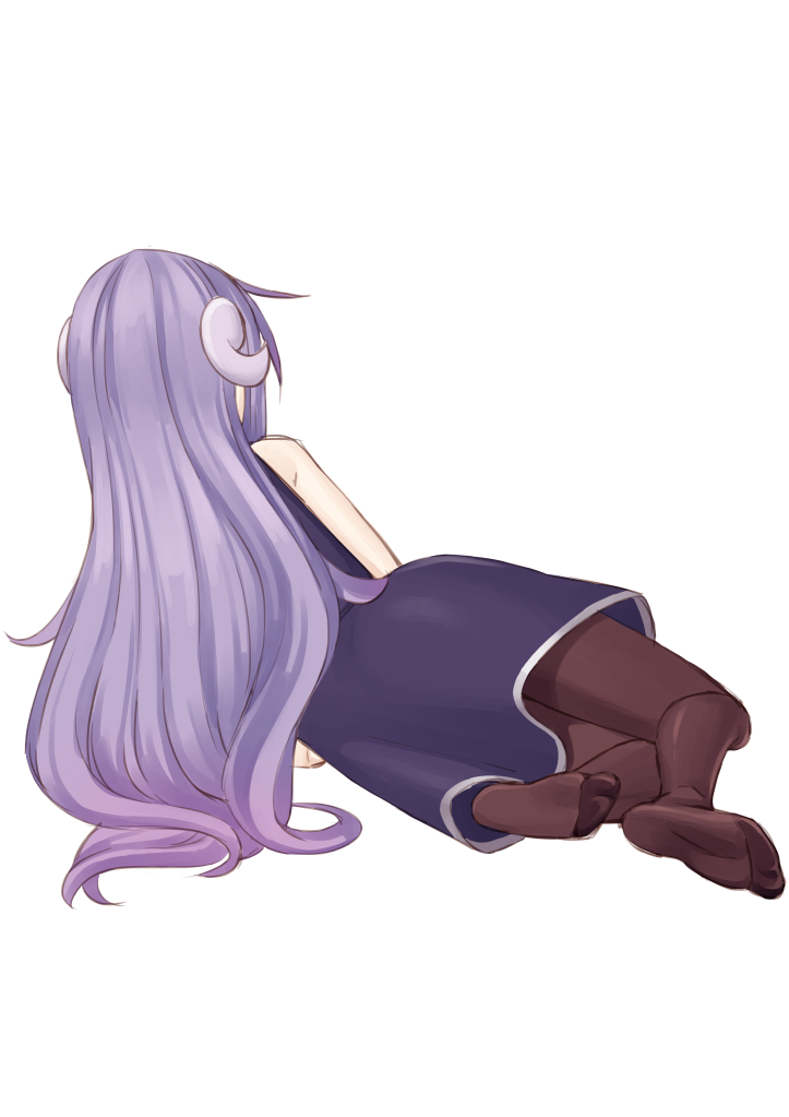 1girl arm_rest brown_legwear dress easy_(aqk7bdqt) gankutsu-sou_no_fuyajou-san hitsujigaoka_nemu horns long_hair lying no_shoes on_side pantyhose purple_dress purple_hair sheep_horns simple_background solo very_long_hair white_background