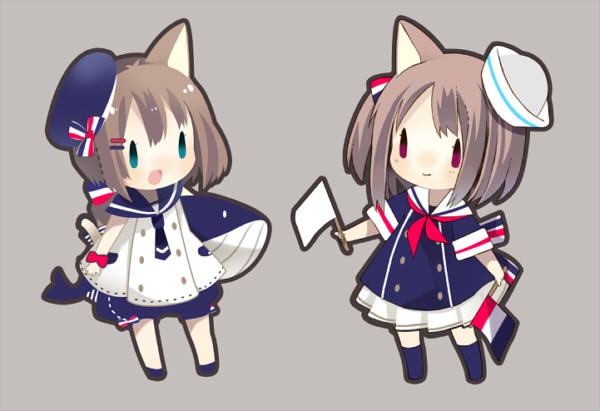 2girls :d animal_ears bangs bare_arms beret blue_dress blue_headwear blue_legwear blue_neckwear blue_sailor_collar blush brown_background brown_hair carrying_under_arm cat_ears cat_girl cat_tail chibi closed_mouth commentary_request dress flag green_eyes hair_between_eyes hat holding holding_flag kneehighs long_hair multiple_girls neckerchief one_side_up open_mouth original pink_neckwear red_eyes sailor_collar sailor_dress sailor_hat simple_background smile socks stuffed_whale tail tilted_headwear white_dress white_flag white_headwear white_sailor_collar yuzuyomogi