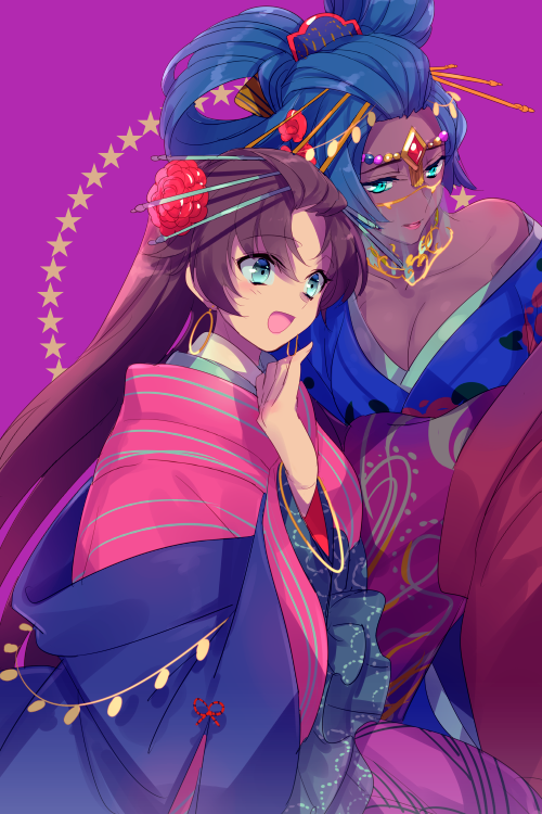 2girls alternate_hairstyle aqua_eyes bangs bare_shoulders blush breasts cis05 cleavage collarbone commentary_request cowboy_shot dark_skin earrings eyebrows_visible_through_hair fate/grand_order fate_(series) flipped_hair gem hair_between_eyes hair_down hair_ornament hair_rings hair_stick height_difference japanese_clothes jewelry kimono large_breasts layered_clothing layered_kimono lips long_hair long_sleeves looking_at_another mata_hari_(fate/grand_order) multiple_girls obi open_mouth parted_lips pink_lips purple_background sash scheherazade_(fate/grand_order) sidelocks striped tsurime upper_body wide_sleeves