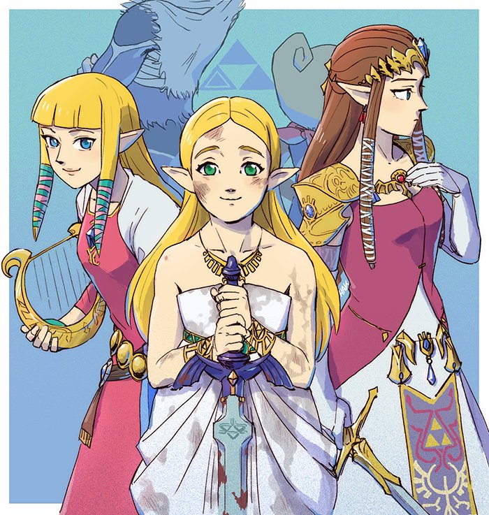 androgynous artist_request bandage bare_shoulders blonde_hair blue_eyes braid brown_hair dark_skin dress dual_persona earrings gloves green_eyes hat jewelry long_hair looking_at_viewer mask multiple_girls neckerchief nintendo pointy_ears princess_zelda sheik smile sword tetra the_legend_of_zelda the_legend_of_zelda:_breath_of_the_wild the_legend_of_zelda:_ocarina_of_time the_legend_of_zelda:_skyward_sword the_legend_of_zelda:_the_wind_waker the_legend_of_zelda:_twilight_princess tiara triforce weapon