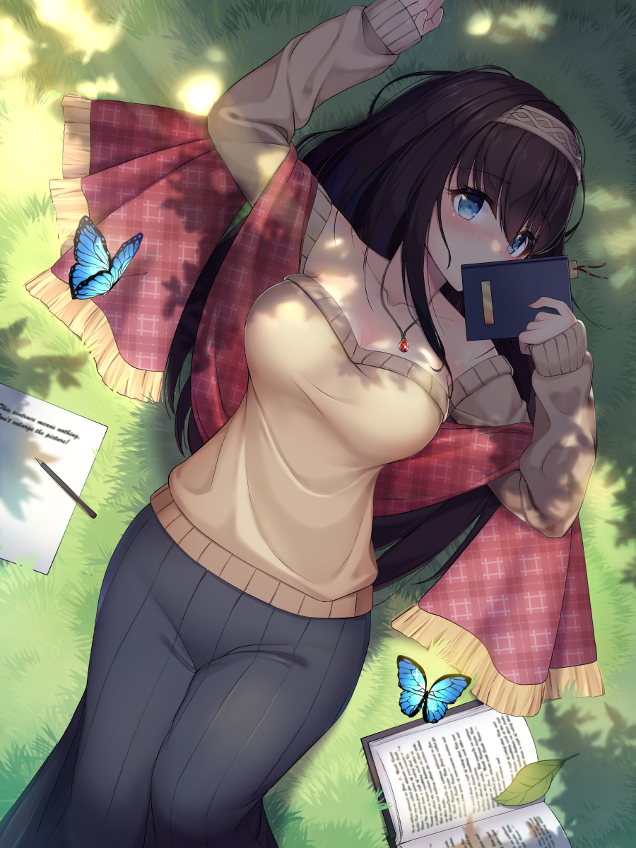 1girl bangs bare_shoulders black_hair black_legwear blue_eyes blush breasts bug butterfly cleavage collarbone commentary eyebrows_visible_through_hair gem grass hair_between_eyes hairband highres idolmaster idolmaster_cinderella_girls idolmaster_cinderella_girls_starlight_stage insect jewelry large_breasts long_hair looking_at_viewer lying necklace notebook on_back pencil raizen_(jung_0000) sagisawa_fumika skirt solo strapless striped striped_skirt sweater