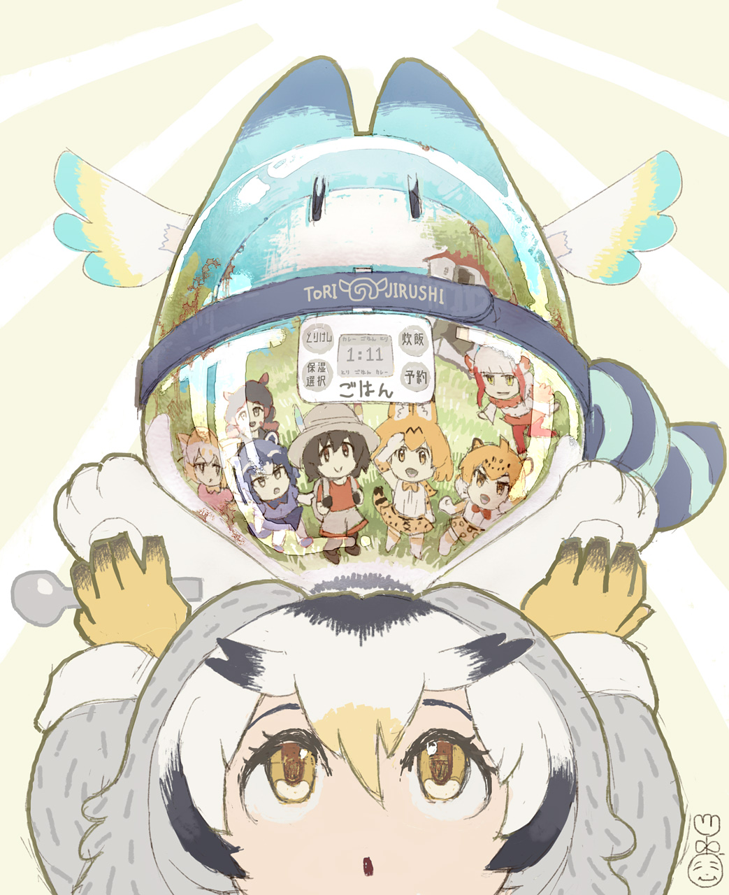 6+girls animal_ears backpack bag black_footwear black_hair blonde_hair blue_footwear blue_hair bow bowtie catcar0983 common_raccoon_(kemono_friends) fennec_(kemono_friends) gloves grey_headwear grey_shorts hair_between_eyes hand_up hat_feather head_wings highres hippopotamus_(kemono_friends) hippopotamus_ears holding jaguar_(kemono_friends) jaguar_ears jaguar_print japanese_crested_ibis_(kemono_friends) kaban_(kemono_friends) kemono_friends long_sleeves looking_at_viewer looking_up lucky_beast_(kemono_friends) multicolored_hair multiple_girls no_nose northern_white-faced_owl_(kemono_friends) open_mouth raccoon_ears red_eyes red_legwear red_neckwear red_shirt redhead serval_(kemono_friends) serval_ears serval_print serval_tail shirt shoes short_hair short_sleeves shorts smile spoon tail two-tone_hair white_hair yellow_eyes yellow_gloves