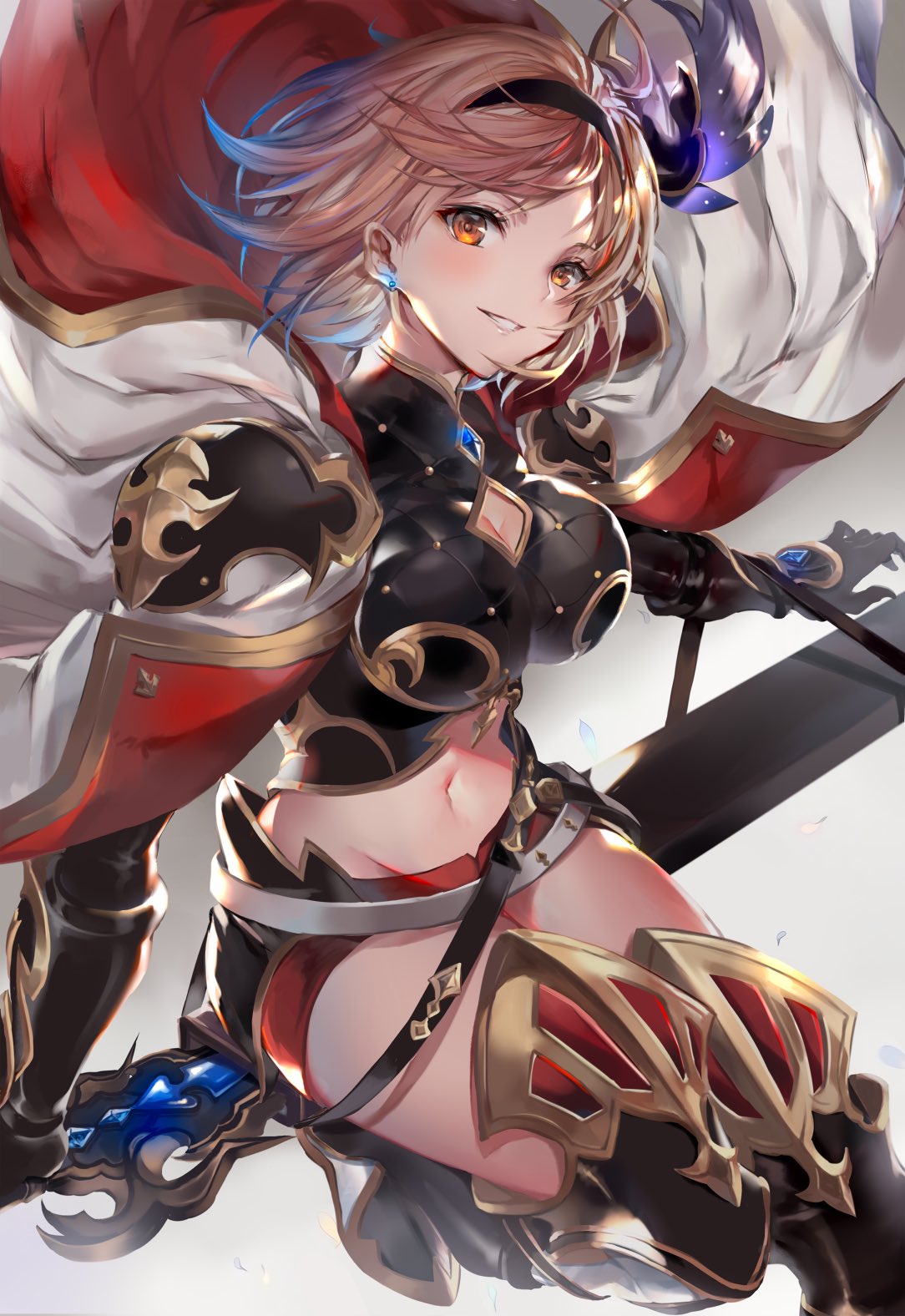 1girl armor belt blonde_hair blush breastplate breasts brown_eyes cleavage cleavage_cutout cloak djeeta_(granblue_fantasy) djeeta_(granblue_fantasy)_(conqueror_of_the_eternals) earrings floating_hair gauntlets gloves glowing granblue_fantasy greaves grin groin hair_ornament head_tilt highres hinahino jewelry leg_up long_sword looking_at_viewer medium_breasts multiple_belts navel red_shorts running sapphire_(gemstone) short_hair short_shorts shorts shoulder_armor smile solo stomach sword weapon wind wind_lift
